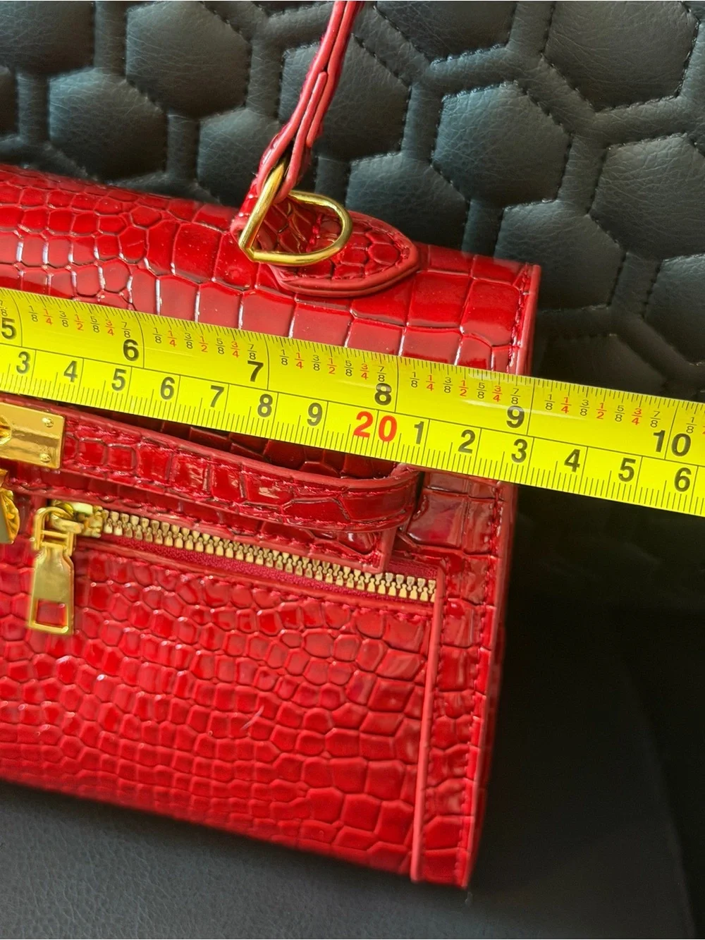 Red Croc-Embossed Top-Handle Bag with Gold Hardware